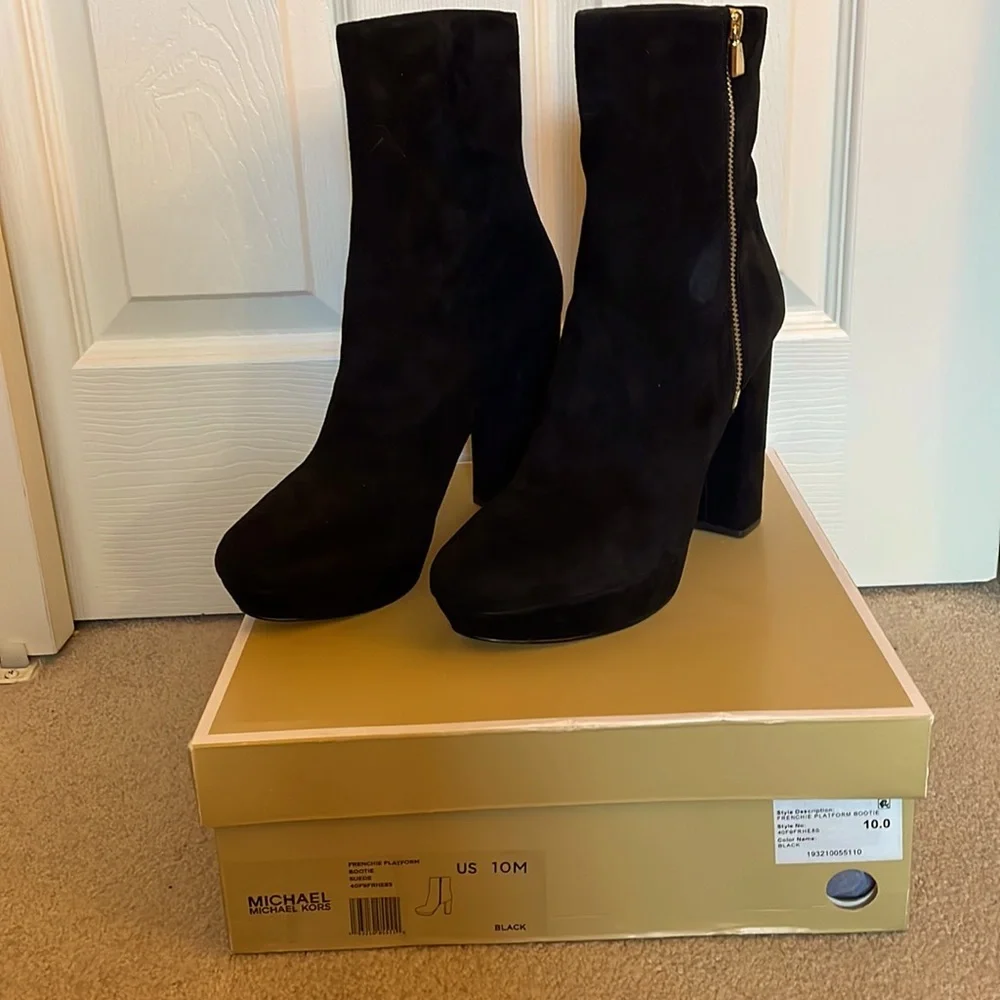 Michael Kors Black Suede Platform Ankle Boot with Gold Zip Accent